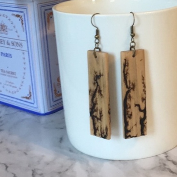 Jewelry - Earthy boho wood burned bar earrings